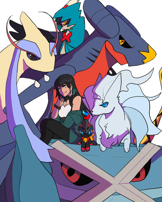 pokemon trainer AU (non legendary team). she would have shiny mega rayquaza and a few other legendaries for sure